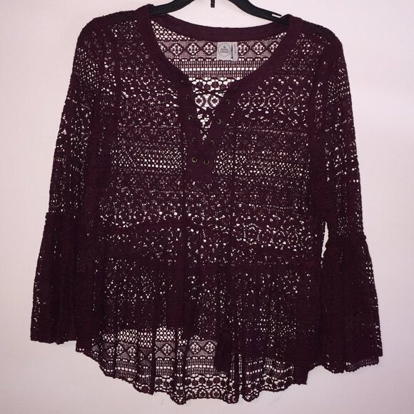 Anthropologie Paper Crane Tops - Burgundy Lace Blouse Bell Sleeves Large